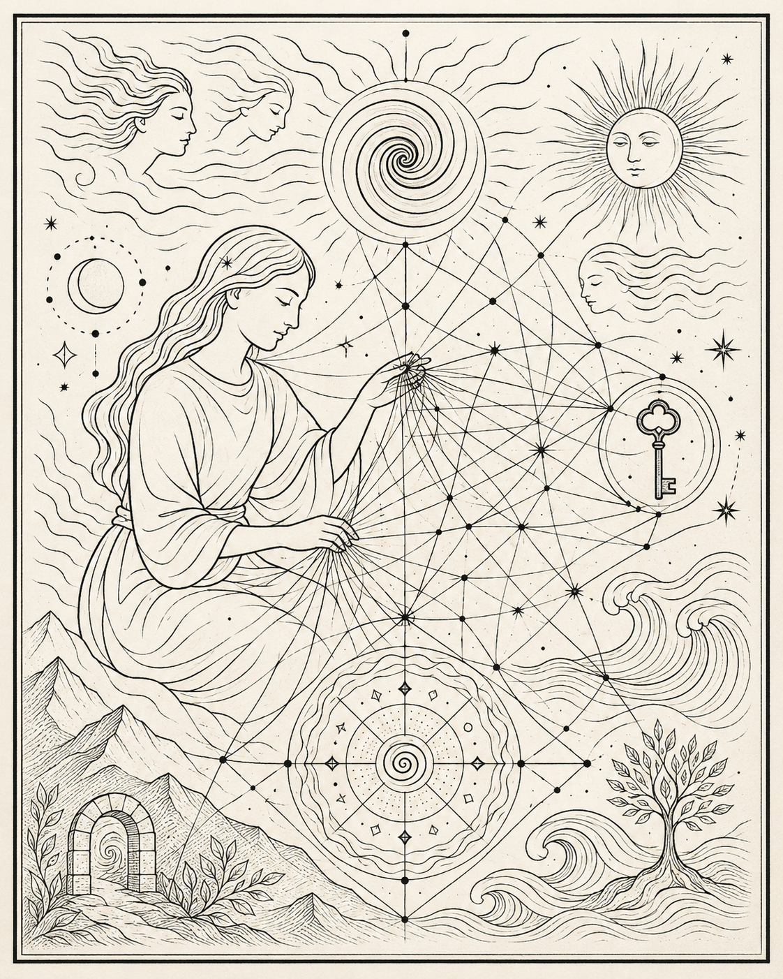 Tisseuse cosmique reliant spirales, astres, clef, montagnes, eau et arbre