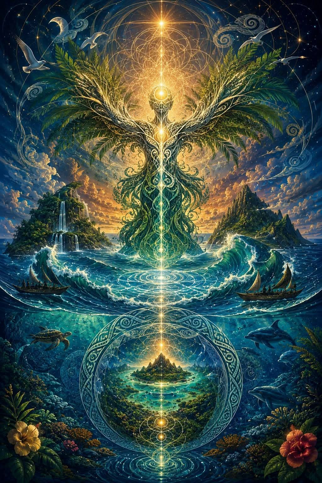 Confluence symbolique entre océan, îles et arbre vivant