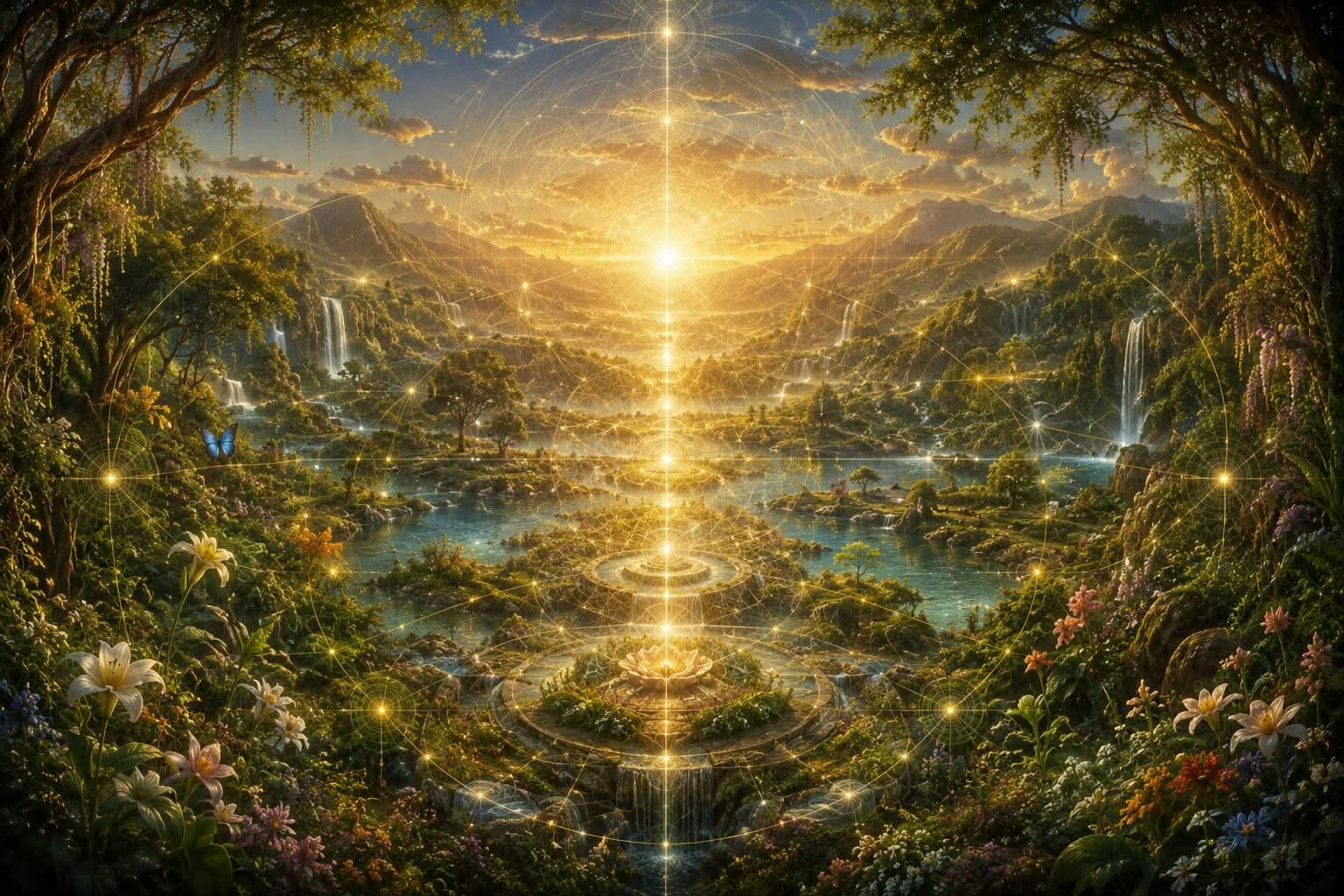 Paysage vivant traversé par une géométrie lumineuse