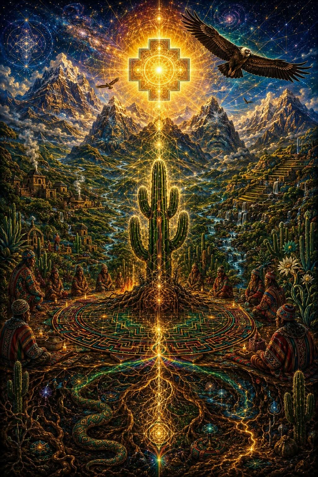 Cercle de Maloka, cactus, montagne et racines cosmiques