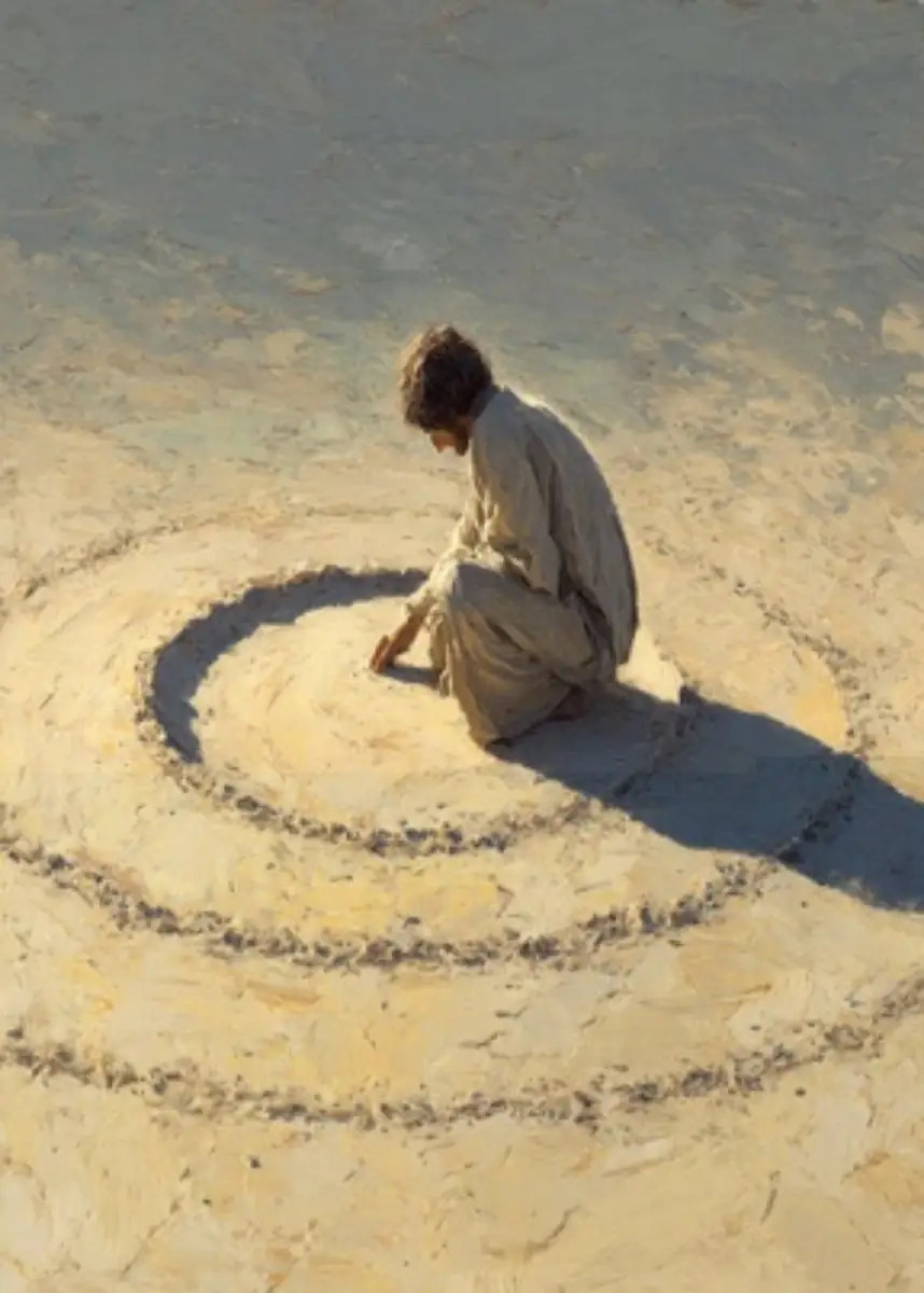 Homme accroupi traçant une spirale dans le sable
