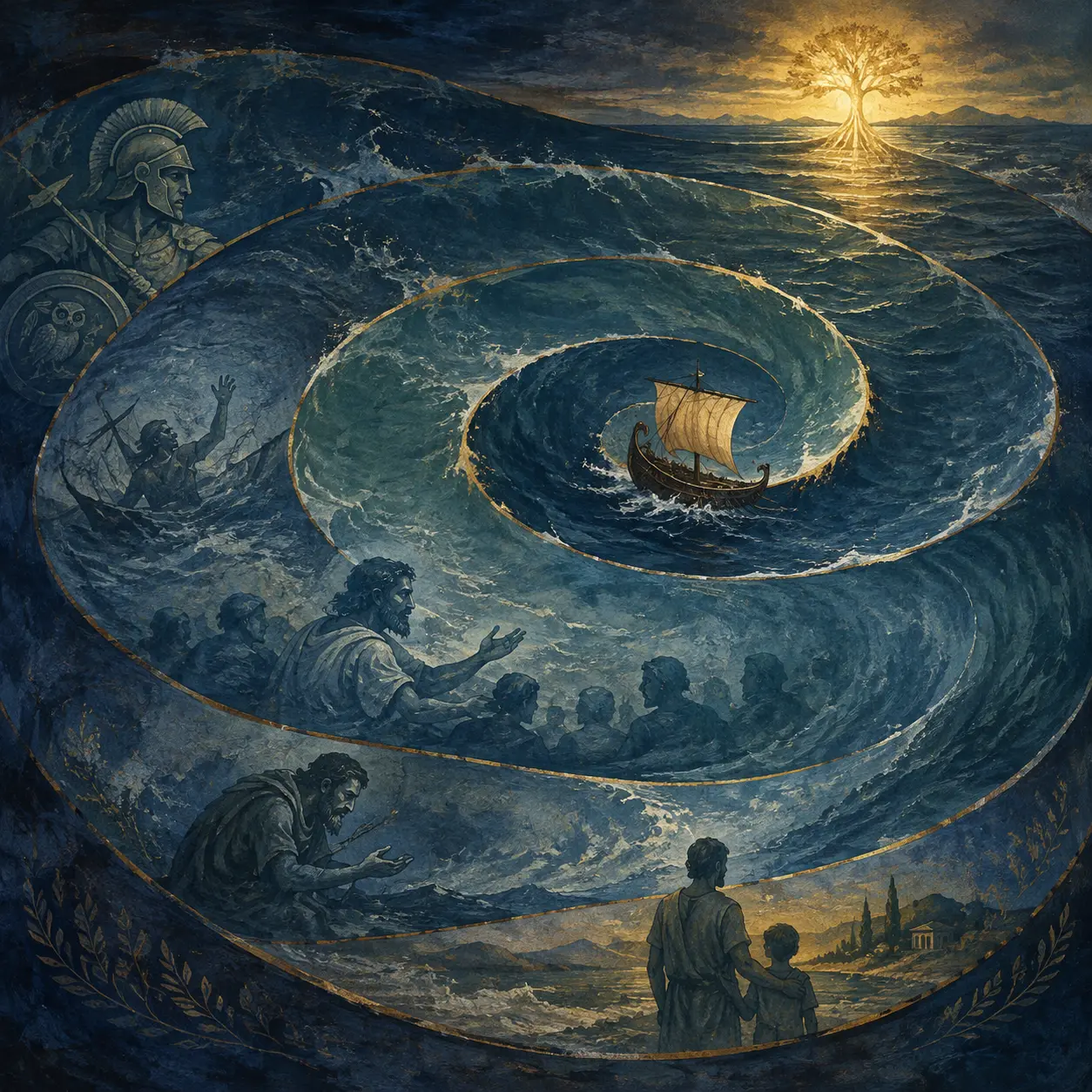 Navire d’Ulysse parcourant une mer en spirale